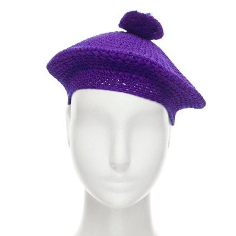 GUCCI Knit Cotton Beret in Purple with Pom Pom NEW